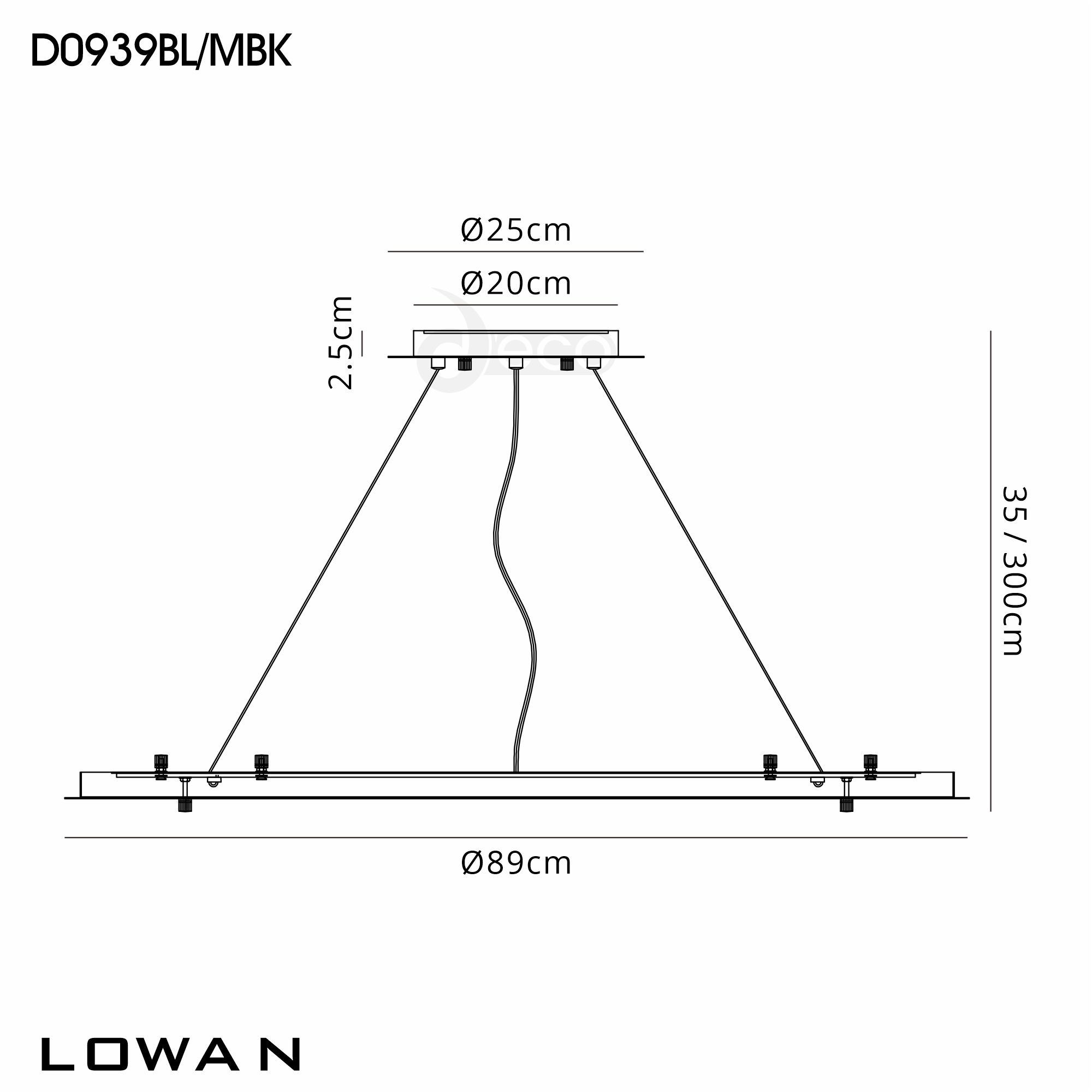 D0939BL/MBK  Lowan 890mm, 3m Suspension Plate c/w Power Cable To Lower Flush Fittings, Satin Black/Matt Black Max Load 40kg (ONLY TESTED FOR OUR RANGE OF PRODUCTS)